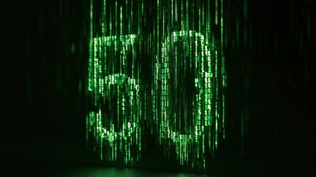 The number 50 appears as glowing binary code streams in green against a dark background, symbolizing a digital milestone in a futuristic setting.