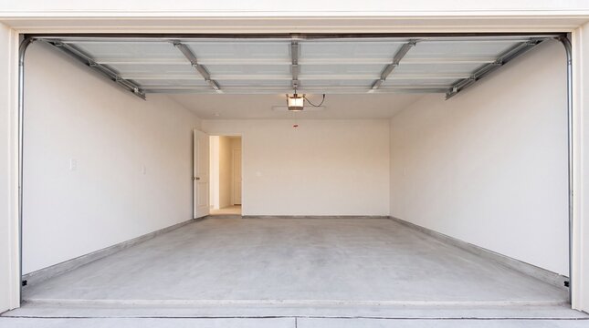 Empty, clean, and spacious residential garage interior with an open door, ready for storage or parking vehicles