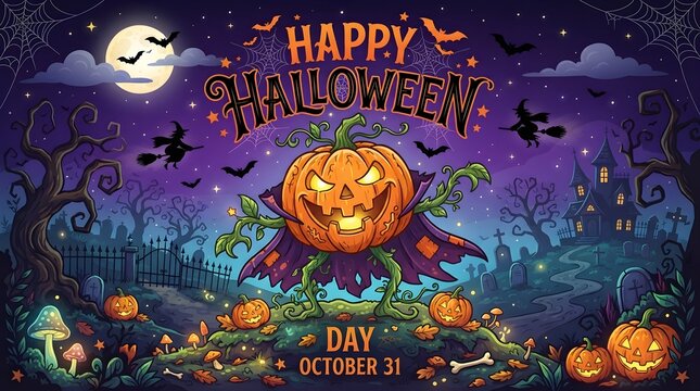 Happy Halloween Day Background with Pumpkin Monster Vector Design, Spooky Jack O Lantern Character. Scary Holiday Illustration for Party Invitations, Posters and Seasonal Marketing