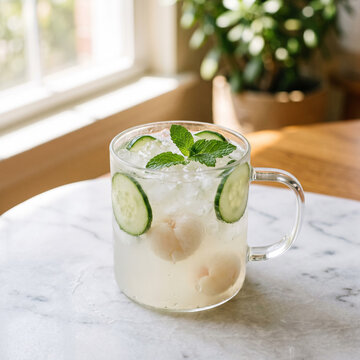 Lychee & Cucumber Mint Refresher: A cloudy off-white mocktail in a sleek glass mug, Whole lychee fruit and thin cucumber slices. 