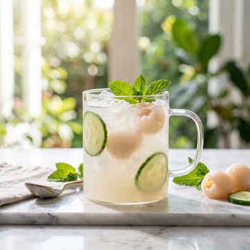 Lychee & Cucumber Mint Refresher: A cloudy off-white mocktail in a sleek glass mug, Whole lychee fruit and thin cucumber slices. 