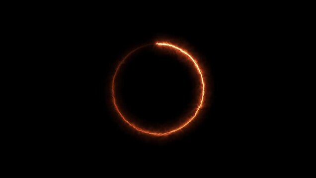 Futuristic Glowing Fire Circle Light Animation, Rotating Neon Ring Loading Icon with Bright Energy Effect on Black Background