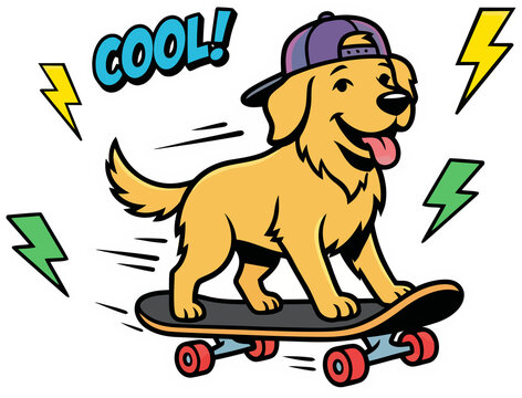Cool golden retriever dog wearing a backwards cap and skateboarding, with lightning bolt graphics and "COOL!" speech bubble
