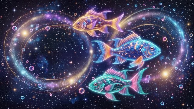 Luminous fish symbolizing Pisces zodiac sign, swimming through endless cosmic loop, surrounded by sparkling light trails, 4K video