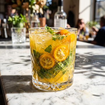 Kumquat & Mint Smash: A golden-yellow pulpy drink in a heavy crystal tumbler, Halved kumquats revealing seeds and muddled mint leaves.