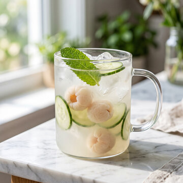 Lychee & Cucumber Mint Refresher: A cloudy off-white mocktail in a sleek glass mug, Whole lychee fruit and thin cucumber slices. 