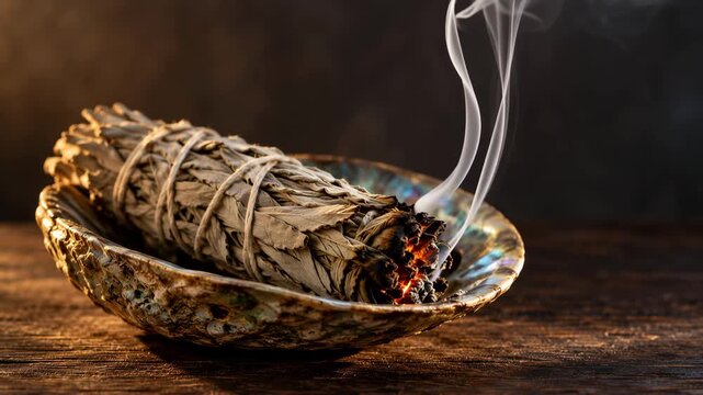 Cozy Sage Smudge Ambience Background, Spiritual Cleansing Ritual Concept for Meditation and Sleep Content