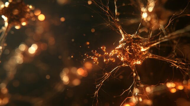 A detailed visual shows BDNF molecule glowing while binding to neuron receptor, stimulating new dendrites in a dark brain setting.