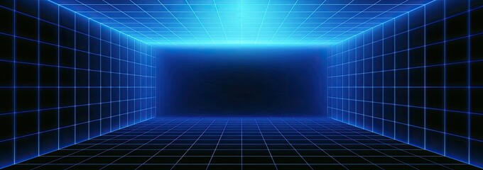 Fototapeta premium Glowing blue grid forms a digital tunnel receding into darkness