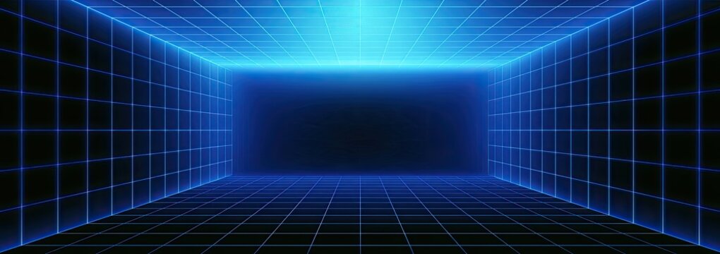 Glowing blue grid forms a digital tunnel receding into darkness