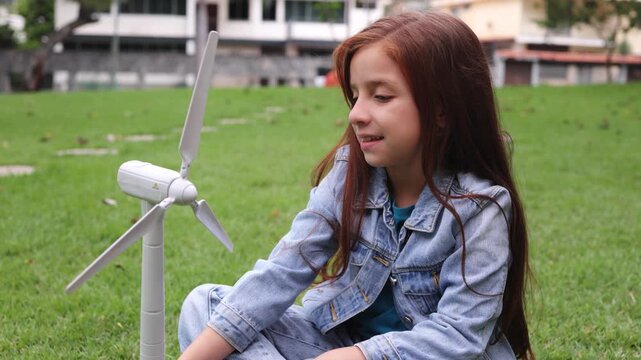 Redhead girl having fun with windmill turbine model on grass outdoor - Renewable energy education and sustainability concept for kids