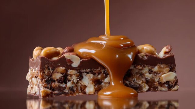 Rich chocolate and nut caramel bar being drizzled with caramel sauce in close-up