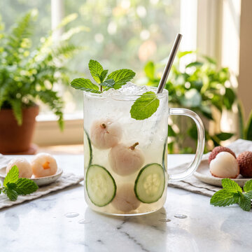 Lychee & Cucumber Mint Refresher: A cloudy off-white mocktail in a sleek glass mug, Whole lychee fruit and thin cucumber slices. 