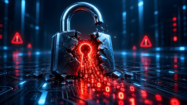 Shattered metal padlock on circuit board with glowing red binary code representing data breach and cybersecurity failure