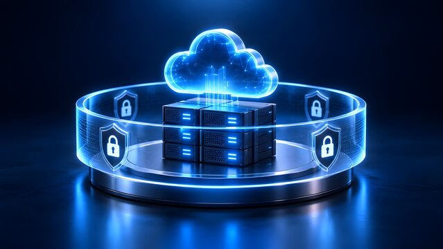 3D glowing cloud computing icon floating above secure server racks protected by digital shield ring in dark data center