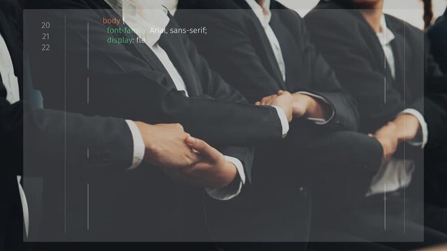 A modern business team in professional attire collaborates on a project. Coding and programming elements overlay the scene, showcasing innovation and teamwork. Raster