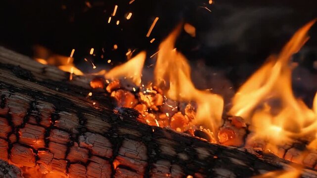 Close up of burning wood logs with bright orange flames and glowing embers in a fireplace