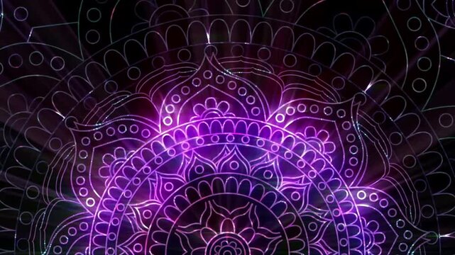 Glowing neon mandala pattern with radiant light beams and animated Islamic architectural backdrop featuring mosque silhouette and floating tambourines