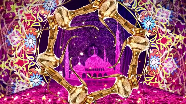 Oud musical instruments floating and assembling in a vibrant animated Islamic geometric pattern stage with mosque silhouette backdrop