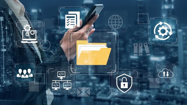 Modern Business Technology Concept with Smartphone, Digital Icons, and City Skyline Background Representing Data Management and Cyber Security. Entropy.