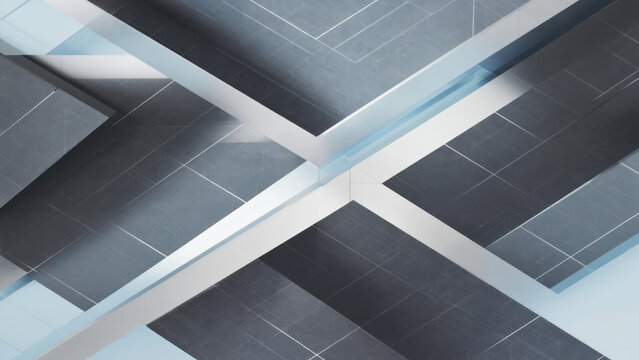 Abstract metallic silver diagonal beams intersecting at sharp angles over clean grey surface forming bold geometric composition. Corporate design background concept