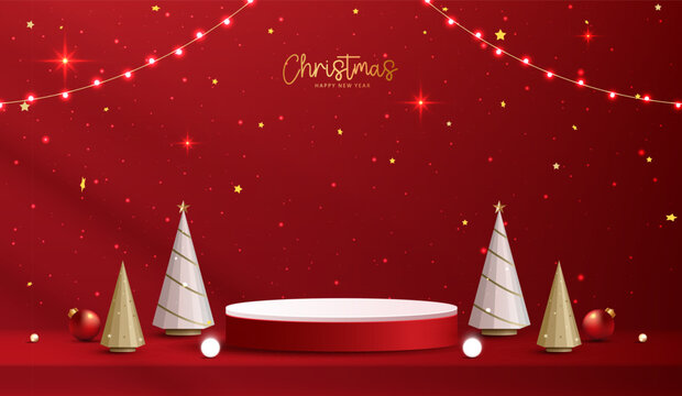 Merry Christmas and Happy New Year festive red holiday background mockup with 3D white cylinder podium stand for product display. Glowing string lights, cone pine trees, gold stars vector illustration