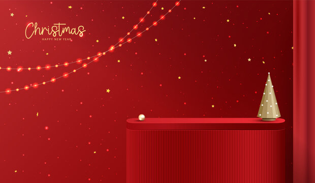 Merry Christmas Happy New Year festive red holiday background mockup with 3D corrugated podium stand for product display. Glowing string lights, gold stars, cone pine tree vector illustration.