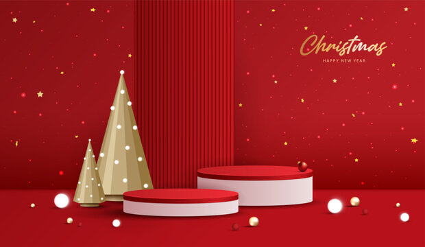 Merry Christmas Happy New Year festive red 3D cylinder podium mockup for product display. Glowing string lights, golden cone pine tree, gold stars, magical light rays holiday vector illustration.