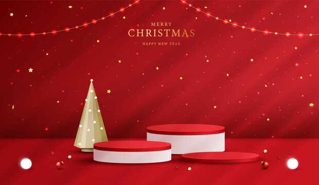 Merry Christmas Happy New Year festive red 3D cylinder podium mockup for product display. Glowing string lights, golden cone pine tree, gold stars, magical light rays holiday vector illustration.