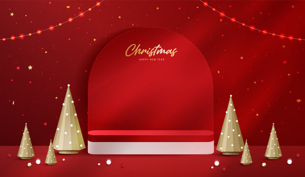 Merry Christmas and Happy New Year festive red 3D podium mockup for product display. Red arch backdrop, golden cone pine trees, glowing string lights, stars, magical rays vector illustration.