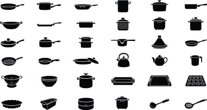 Black silhouette kitchen pots and pans set for various culinary cooking and baking preparations