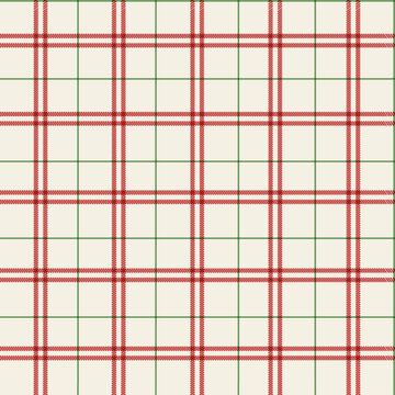 Seamless Christmas plaid tartan pattern. Red green checkered lines on cream background. Retro vintage vector illustration for flannel shirt, fabric textile print, wrapping paper, holiday wallpaper.