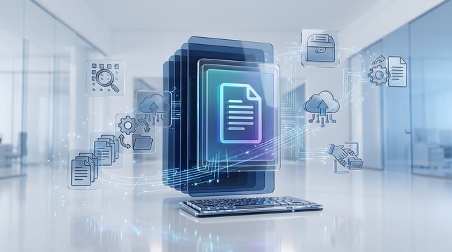 Advanced digital archive system with search functionality and cloud backup icons showing structured data indexing and automated file management for efficient corporate office operations