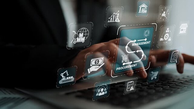 Business professional interacting with digital icons representing management and procurement concepts in a modern office setting Sigmoid