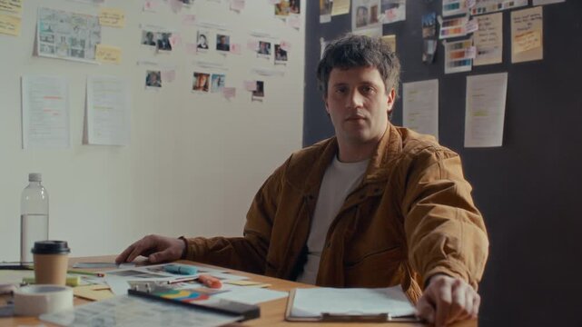 Portrait of confident male film director or screenwriter sitting at his workplace in creative studio, looking into camera with moodboard wall in background
