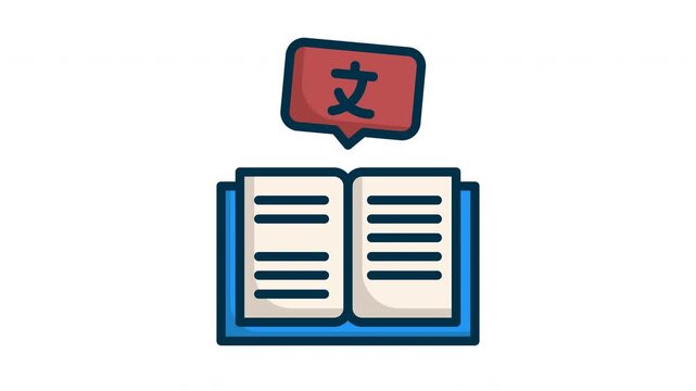 Animated language translation concept. Flat 2D motion graphic showing an open blue book and a red speech bubble with an Asian character in a seamless loop on transparent background.