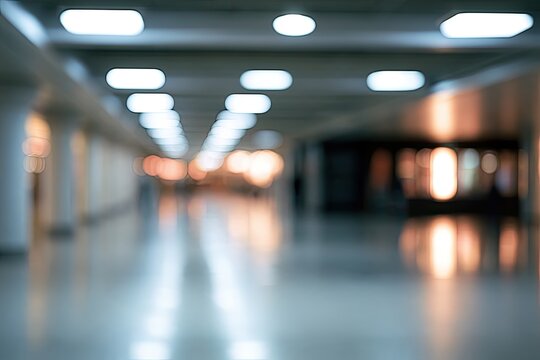 Out-of-focus, long, brightly lit corridor with glowing ceiling lights