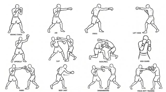 Set of boxing technique illustrations showing various punches and defensive moves for training.