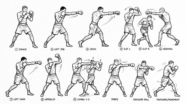 Instructional illustration showing various boxing techniques and fundamental fighting movements for athletes.