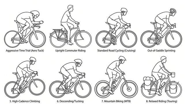 Set of various cycling positions and riding styles on different types of bicycles.