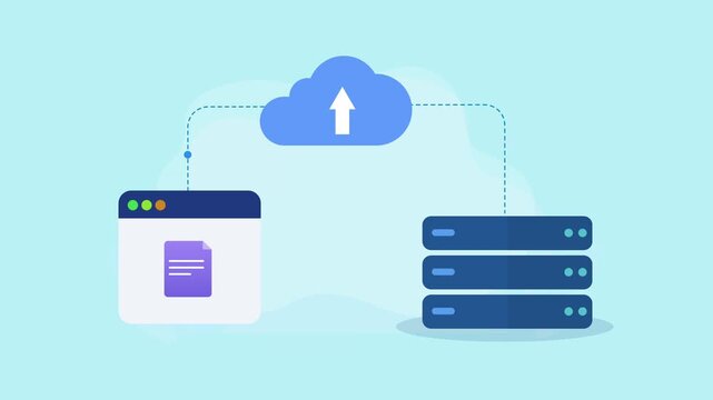 Flat vector animation showing a document uploaded to cloud storage and connected to a server, with a clean digital technology design on a cyan background.