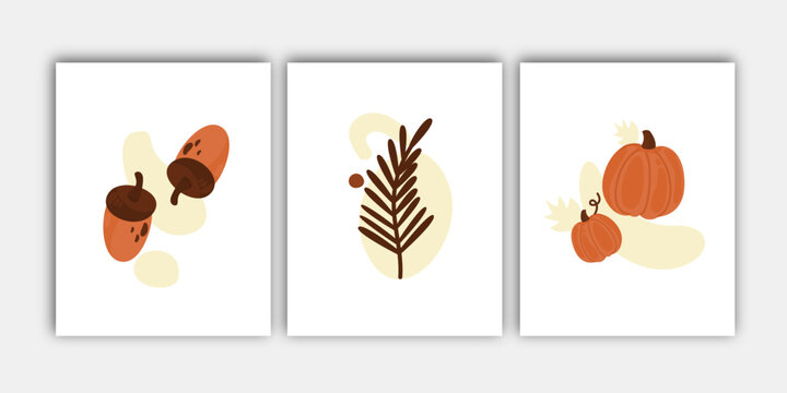 Autumn wall art set of 3. Acorn, pumpkin, and leaf fall wall decor bundle. Boho wall print vector illustration.