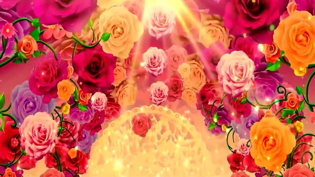 Vibrant animated rose floral background with glowing light rays and sparkling particles