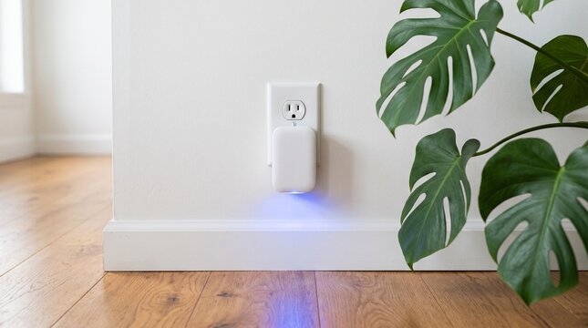 White plug-in device with blue nightlight in outlet near plant and floor