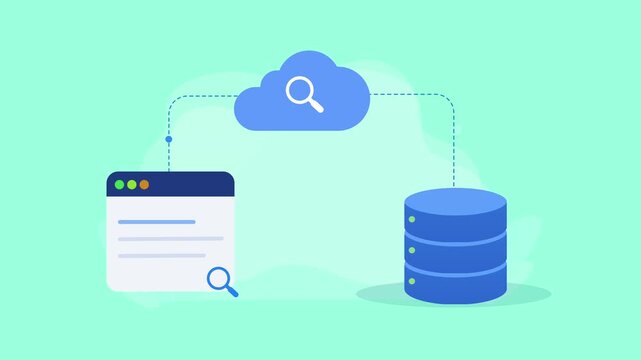 Flat vector animation showing cloud data search with a document, search icon, and database server connected through a digital network on a mint green background.