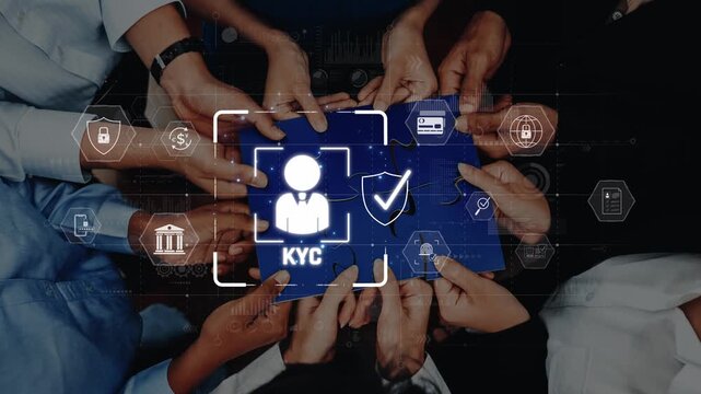 Multiple hands collaborate on a Know Your Customer process, showcasing blue documents surrounded by compliance and security icons, representing verification and trust in business. Raster