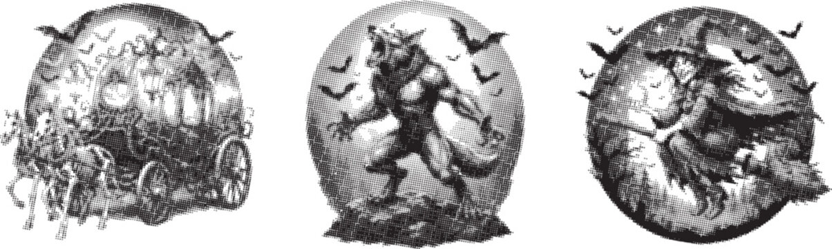 Halloween halftone vector set with werewolf witch and carriage silhouettes on full moon backgrounds