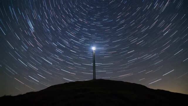 Stars wheeling above a dark ridge