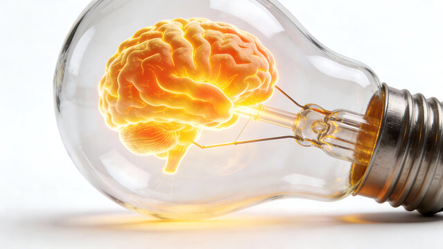 Glowing human brain inside a light bulb symbolizing innovation and idea generation