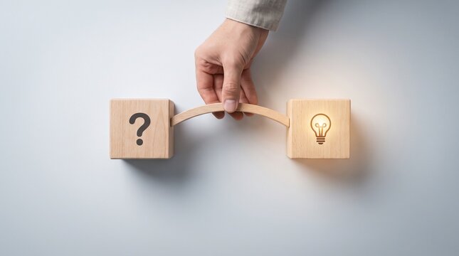 Problem solving concept with wooden blocks, question mark and glowing lightbulb